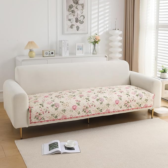 HOKIPO Polyester Printed Quilted Sofa Cover Mats For 1/2/3 Seater Sofa And L Shape. Make Your Own Sofa Cover Set, Mat Length 90(D) X 220(L) Cm, Beige Peonies (IN-816-D3)