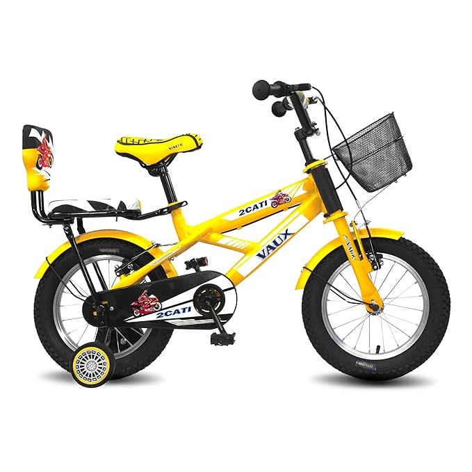 Vaux 2Cati Cycle for Kids 3 to 5 Years with Sidewheels, Basket & Backseat, 14T Cycle for Kids with Alloy Rims & Tubular Tyres, Bicycle for Boys & Girls with Ideal Height 2ft 8inch-3ft 6inch (Yellow)