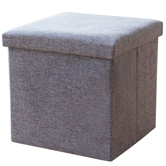 Fabric Linen Collapsible Folding Ottoman Footrest Sitting/Storage Cube Stool Bag Bedding Organizer- Grey