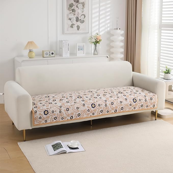 HOKIPO 'HomeHues Series' Printed Quilted Sofa Cover Mats for L Shape and 1/2/3 Seater Sofa. Make Your Own Sofa Cover Set, Mat Length 90(D) x 220(L) cm, Light Peach Candytuft (IN-816-D6)