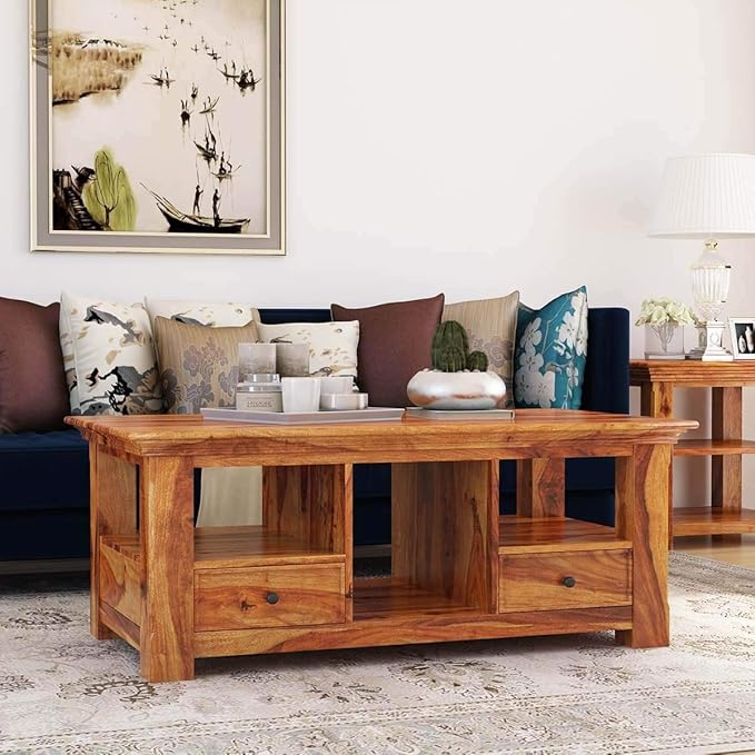 Sheesham Wood Rectangle Center Coffee Table for Living Room | Solid Wood Sofa Centre Table with 2 Drawer & 3 Open Shelf Storage for Home & Office | Rosewood, Honey Finish