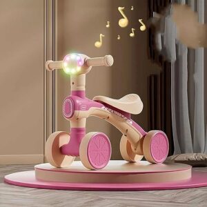 Balance Bike Colorful Lighting Kids for 2-6 Year Old Girl & Boy, Toddler Training Walker, 4 Wheels & Comfortable Seat, First Birthday Gift (Pink)