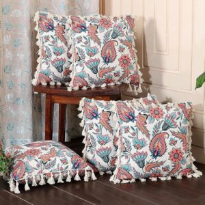 ishro home Premium Cushion Cover Set of 5 | Cushion Cover 16 inch x 16 inch – Soft European Standard Fabric, Frill Design, Machine Washable | (5, Paisley Fiesta, 16x16 Inch)
