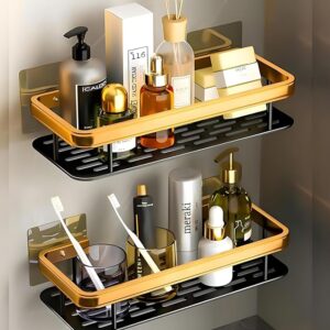 VELVYT Aluminium Bathroom Shelves, Bathroom Organiser Without Drill, Self-Adhesive Multipurpose Wall Mounted Bathroom Shelf & Kitchen Organizer, Bathroom Rack (Pack of 2, Gold)
