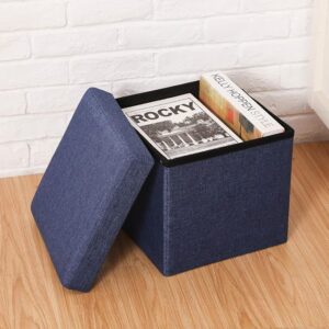 Linen Collapsible Folding Ottoman Footrest Sitting Cum Storage Cube Stool Bag Bedding Organizer (Navy Blue)