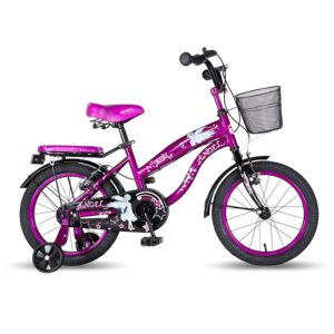 Vaux Angel 14 inch Cycle for Girls 3 to 5 Years with Sidewheels, Basket & Backseat, Kids Bicycle with Steel Frame, Rigid Fork & V-Brakes, Ideal Height 2ft 9inch-3ft 6inch (Purple-Black)