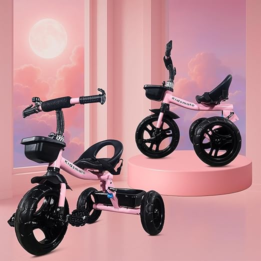 Kidsmate Foldable Tricycle for Kids | Sturdy & Durable Baby Trikes with Storage Basket, Cushion Seat & Safety Belt | Baby Tricycle for 1-4 Years Boys & Girls | Weight Capacity Upto 30kg (Pink) (Pink)