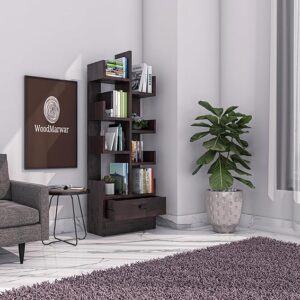 Sheesham Wood Free Standing Book Shelf | Multipurpose Bookshelf Storage Display Rack with 8 Open Shelf & 1 Drawer for Ofice | Decorative Corner Shelf Bookcase for Home Dcor | Walnut