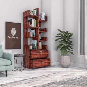 Sheesham Wood Free Standing Book Shelf | Multipurpose Bookshelf Storage Display Rack with 8 Shelf & 2 Drawer with Lock for Ofice | Decorative Corner Shelf Bookcase for Home Decor | Honey