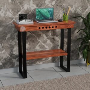 Wooden Console Table for Living Room | Solid Wood Sheesham Side Entrance Foyer Table with Drawer & Shelf Storage for Home, Office and Entryway | Honey