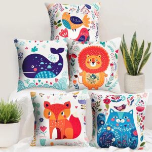 Story@Home Cushion Cover Set of 5 Cartoon Baby Animals Printed Decorative Pillow Cushion Covers - 16 in x 16 inch, Polyester, Multicolor