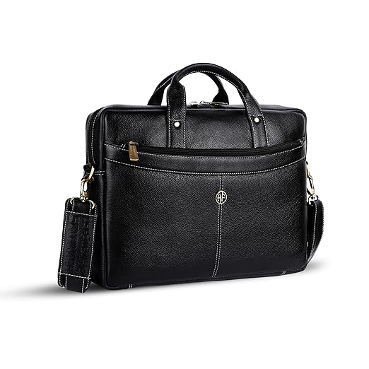 HAMMONDS FLYCATCHER Genuine Leather Office Bag for Men, 15.6 Inch Professional Black Laptop Bag for Men, Adjustable Strap & Multi Compartments, 1 Year Warranty - Office, Travel, Daily Use
