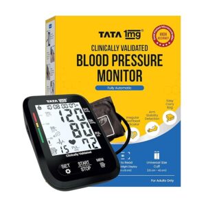 Tata 1mg Clinically Validated Blood Pressure Monitor| Gold Plated Microcontroller for High Precision| Arm Movement Detection Technology| Dual Power Option - USB Type C & AA Battery, Black