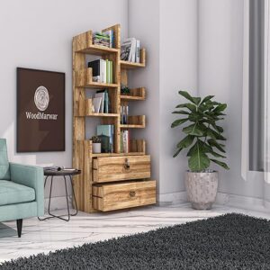 Sheesham Wood Free Standing Book Shelf | Multipurpose Bookshelf Storage Display Rack with 8 Shelf & 2 Drawer with Lock for Ofice | Decorative Corner Shelf Bookcase for Home Decor | Pine