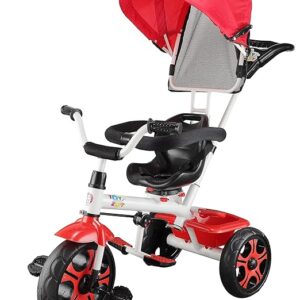 JoyRide 4 in 1 Convertible Baby Tricycle Toddler Stroller Pedal Tricycle w/Reversible Seat Adjustable Removable Handle Canopy Handrail Belt Storage Footrest for 1-5 Years Old (Red)