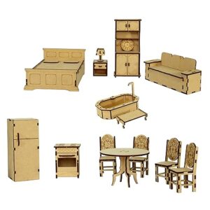 stonkraft Wooden Miniature Furniture - Home Decor, Construction Toy, Modeling kit, School Project - Easy to Assemble (Extended Furniture)-Beige(Pack of 16 Pieces)