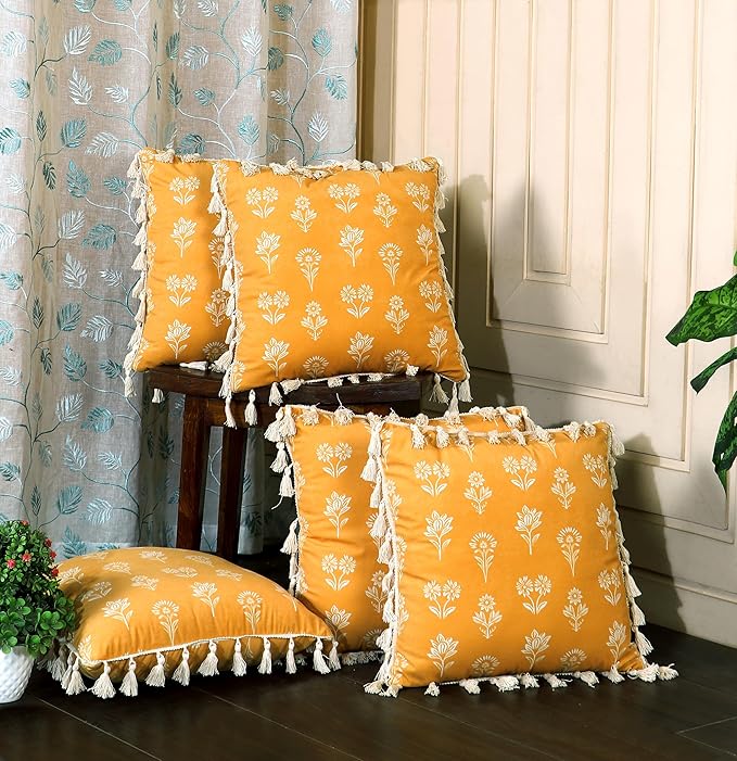 ishro home Premium Cushion Cover Set of 5 | Cushion Cover 16 inch x 16 inch – Soft European Standard Fabric, Frill Design, Machine Washable | (5, Tulip Mustard, 16x16 Inch)