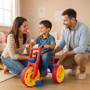 OK PLAY Pacer Tricycle for Kids | Toddler Cycle | Bicycle | Push On Ride On | with Backrest | Easy Grip | Four Wheel | Safe & Fun Activity Toy | Medium | 2 Years+ | Red