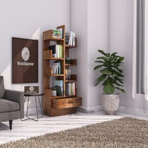 Sheesham Wood Free Standing Book Shelf | Multipurpose Bookshelf Storage Display Rack with 8 Open Shelf & 1 Drawer for Office | Decorative Corner Shelf Bookcase for Home Decor | Brown