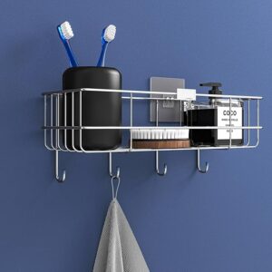 Boniry Stainless Steel Bathroom Shelf for Wall | Self Adhesive Bathroom Organiser | 4 Hooks for Towel Holder | Space-Saving Wall Mounted Bathroom Shelf with Elegant Design (Silver, Pack of 2)