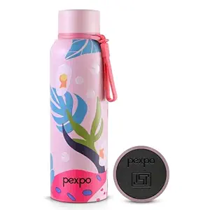 Pexpo Bravo Stainless Steel Water Bottle 700ml | Hot and Cold Flask | ISI Certified Steel Bottle | Triple Wall Insulation | Leakproof | for Home, Office | 1-Year Warranty | Baby Pink - Leaf Printed