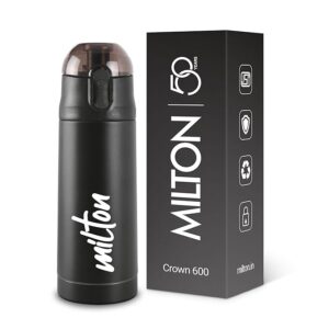 Milton New Crown 600 Thermosteel Water Bottle 500 ml with One Touch Safety Lock, 24 Hours Hot and Cold, Leak Proof Lid, ISI Certified I Vacuum Insulated I for Office, Gym, School I Black