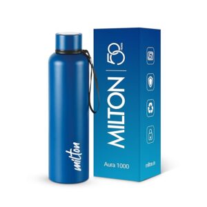 Milton Aura 1000 Thermosteel Bottle, 1 Litre, Dark Blue | 24 Hours Hot and Cold | Easy to Carry | Rust & Leak Proof | Tea | Coffee | Office| Gym | Home | Kitchen | Hiking | Trekking | Travel Bottle