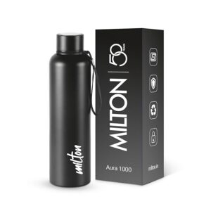 Milton Aura 1000 Thermosteel Water Bottle 1000 ml, 24 Hr Hot and Cold I Leak Proof Lid, ISI Certified I Vacuum Insulated I for Office, Gym, School I Black