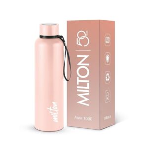 Milton Aura 1000 Thermosteel Water Bottle 1 L, 24 Hr Hot and Cold I Leak Proof Lid, ISI Certified I Vacuum Insulated I for Office, Gym, School I Beige