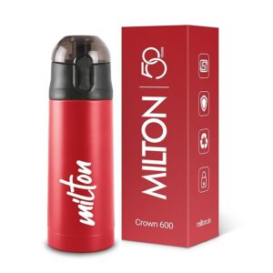 Milton New Crown 600 Thermosteel Water Bottle 500 ml with One Touch Safety Lock, 24 Hours Hot and Cold, Leak Proof Lid, ISI Certified I Vacuum Insulated I for Office, Gym, School I Red