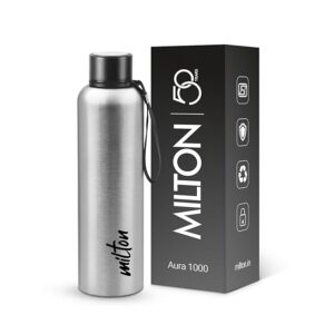 Milton Aura 1000 Thermosteel Water Bottle 1L, 24 Hr Hot and Cold I Leak Proof Lid, ISI Certified I Vacuum Insulated I for Office, Gym, School I Silver