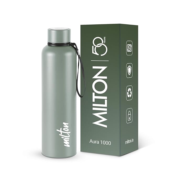 Milton Aura 1000 Thermosteel Bottle, 1 Litre, Grey| 24 Hours Hot and Cold | Easy to Carry | Rust & Leak Proof | Tea | Coffee | Office| Gym | Home | Kitchen | Hiking | Trekking | Travel Bottle