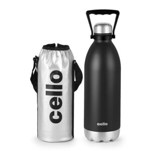 Cello Swift Thermosteel Water Bottle 2200ml, Black | ISI Certified, Double Wall, Vacuum Insulated | 24 Hrs Hot & Cold, Leakproof Screw Lid Thermos Water Bottle for Office, Travel, Hiking, Trekking