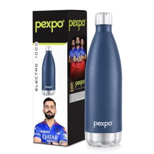 PEXPO Electro 1000 ISI Certified Hot & Cold | Stainless Steel Water Bottle - 980ml, Denim Blue | 2 Years Warranty | Office Bottle | Workout | Travelling | Home | RCB Edition