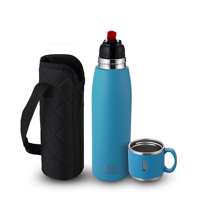 CELLO Duro Cup Style Thermosteel Flask, 500ml, Blue | 24 Hours Hot & Cold Bottle | Dual Purpose Cup & Cap| Flask for Tea Coffee | Ideal for Office, Gym, Home, Kitchen, Hiking, Trekking, Travel Bottle