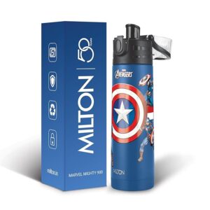 Milton Marvel Mighty 900 Thermosteel ISI Certified Water Bottle, 750 ml Stainless Steel, 24 Hr Hot and Cold, Leak Proof, Vacuum Insulation, for Office, School, Gym, Blue Captain America