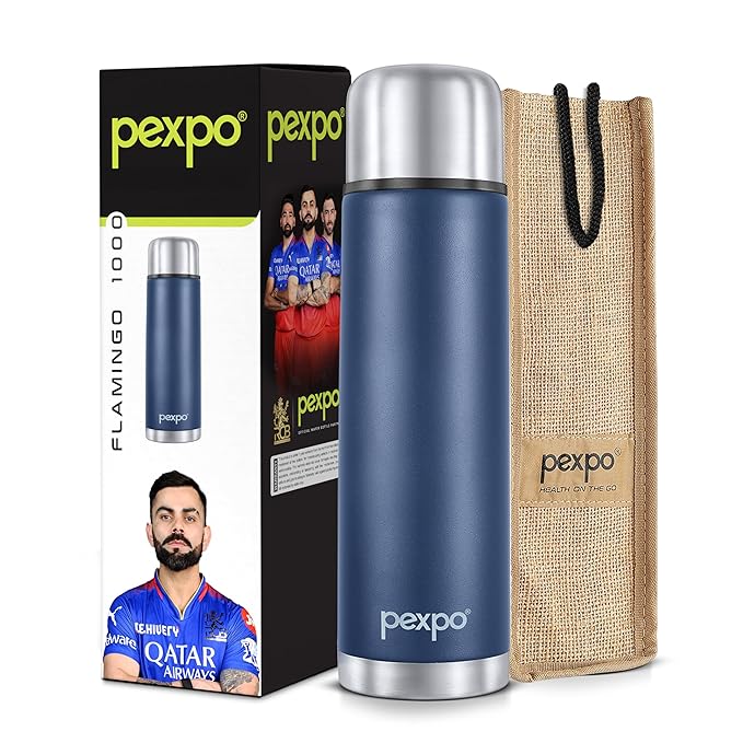 Pexpo Flamingo ISI Certified Hot & Cold Flask |2 Year Warranty| Stainless Steel Flask with Jute Bag- 1000ml, Denim Blue | Leak Proof | for Travelling, School, Office, Trekking, Picnic | RCB Edition