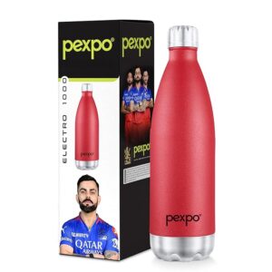 PEXPO Electro 1000 ISI Certified Hot & Cold | Stainless Steel Water Bottle - 980ml, Crimson Red | 2 Years Warranty | Office Bottle | Workout | Travelling | Home | RCB Edition