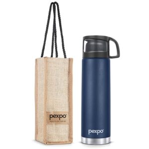 Pexpo Fererro 1000ml Stainless Steel Flask | Triple Wall Vacuum Insulated Hot & Cold Bottle | ISI Certified | Cup Designed Cap | for Office, Gym & Travel with Jute Bag - Denim Blue
