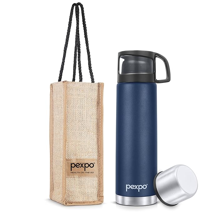 Pexpo Fererro 1000ml Stainless Steel Flask | Triple Wall Vacuum Insulated Hot & Cold Bottle | ISI Certified | Cup Designed Cap | for Office, Gym & Travel with Jute Bag - Denim Blue
