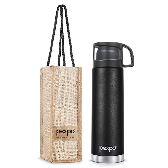 Pexpo Fererro 1000ml Stainless Steel Flask | Triple Wall Vacuum Insulated Hot & Cold Bottle | ISI Certified | Cup Designed Cap | for Office, Gym & Travel with Jute Bag - Knight Black