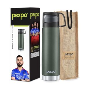 Pexpo Fererro 1000ml Stainless Steel Flask | Triple Wall Vacuum Insulated Hot & Cold Bottle | ISI Certified | Cup Designed Cap | for Office, Gym & Travel with Jute Bag - Military Green