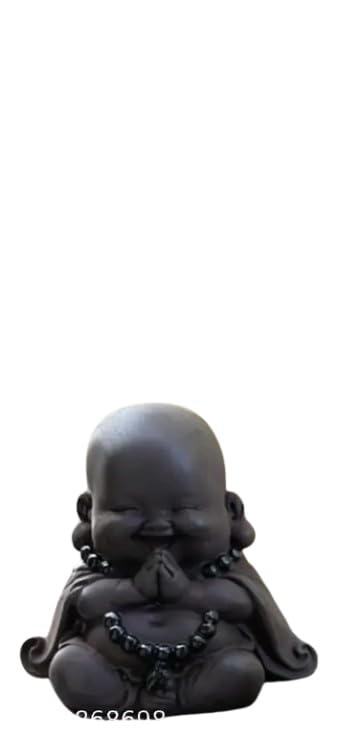 Laughing Buddha Statue – Cute Smiling Little Buddha Idol | Marble Dust Baby Monk Figurine for Home, Office, Car Dashboard, Gifting & Décor (Black Maala)
