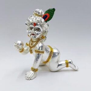 Gold Art India Silver-Plated Matte Bal Krishna Idol â€“ 3.5 Inch Laddu Gopal Murti for Home Temple, Office Decor & Gifting â€“ Handcrafted Divine Statue
