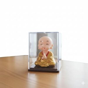 Yaazh Treasures Miniature Monk Figure â€“ Gold Robe, Smiling Monk Idol in Display Box â€“ Car Dashboard/Desk Decorative Showpiece