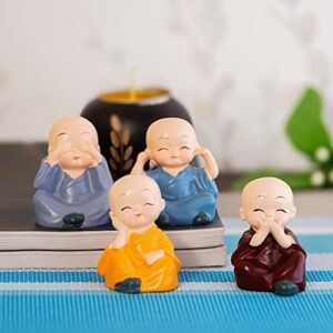 Smiling Happy Baby Buddha Monk Statues, Set of 4 Figurines, Home Decor Showpiece, Cute Mini Idol for Car Dashboard Table Top Decoration