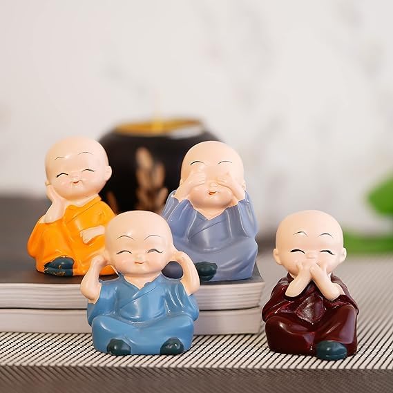 Original Decorative Smiling Monk Figurines, Idol, Set of 4, Orange, Blue, Navy, Maroon 5CM