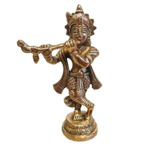 Brass Krishna Bhagwan Smiling Face Idol Kanhaiya Murti Standing Whistling Flute 4 Inches Solid Statue for Janmashtami and Home Pooja