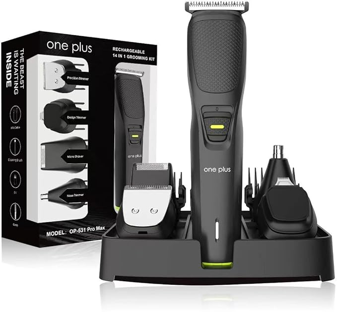 one plus OP 531 Pro Max 14 in 1 Face, Body & Private Parts,DualCut Tehnology Grooming Kit Trimmer 120 min Runtime 4 Length Settings (Black)