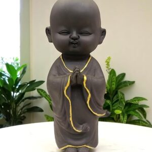 Peaceful Smiling Monk Buddha Idol Black Polyresin 9-Inch Showpiece for Spiritual Home Decor Gifting, Living Room